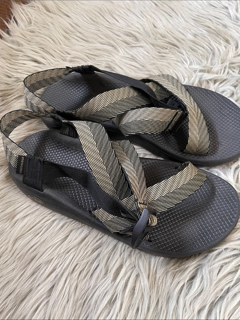 Chaco Black Sandals with Tan-Striped Webbing - Picture 3 of 7
